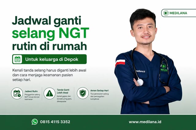 Perawat Medilana mengganti selang NGT pasien di rumah Depok