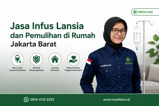Perawat Medilana memasang infus lansia di rumah pasien Jakarta Barat