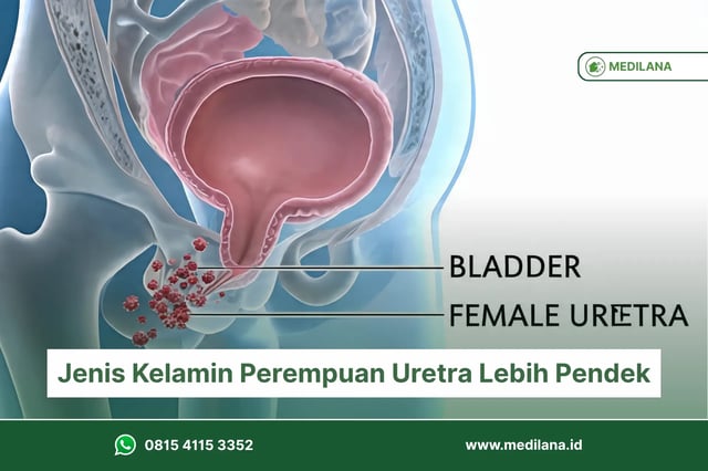 Ilustrasi anatomi saluran kemih perempuan dan risiko infeksi bakteri.