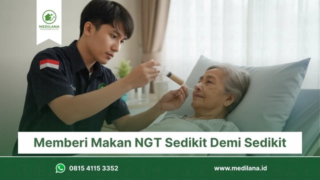 Ilustrasi caregiver memegang selang NGT dan kantung cairan, memastikan nutrisi diberikan perlahan.