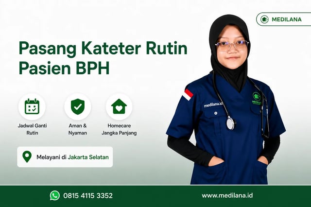 Perawat Medilana ganti kateter rutin pasien BPH Jakarta Selatan